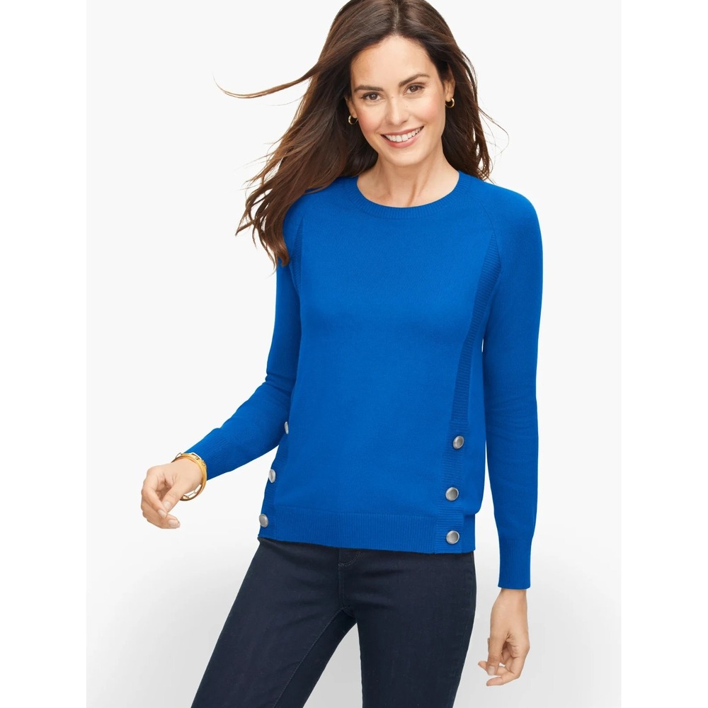 Talbots Women Side Button Crewneck Sweater Sz 1X Blue Pullover Cotton Blend